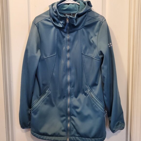 SWISS ALPS Hooded Softshell Jacket Fleece Lined Teal Blue Thumbholes -L - Picture 2 of 6